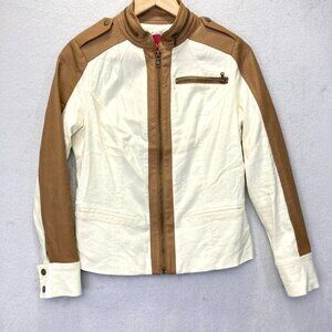GILI Linen Blend Moto Jacket Faux Leather Womens Size 4 White Tan Zip Up Spring